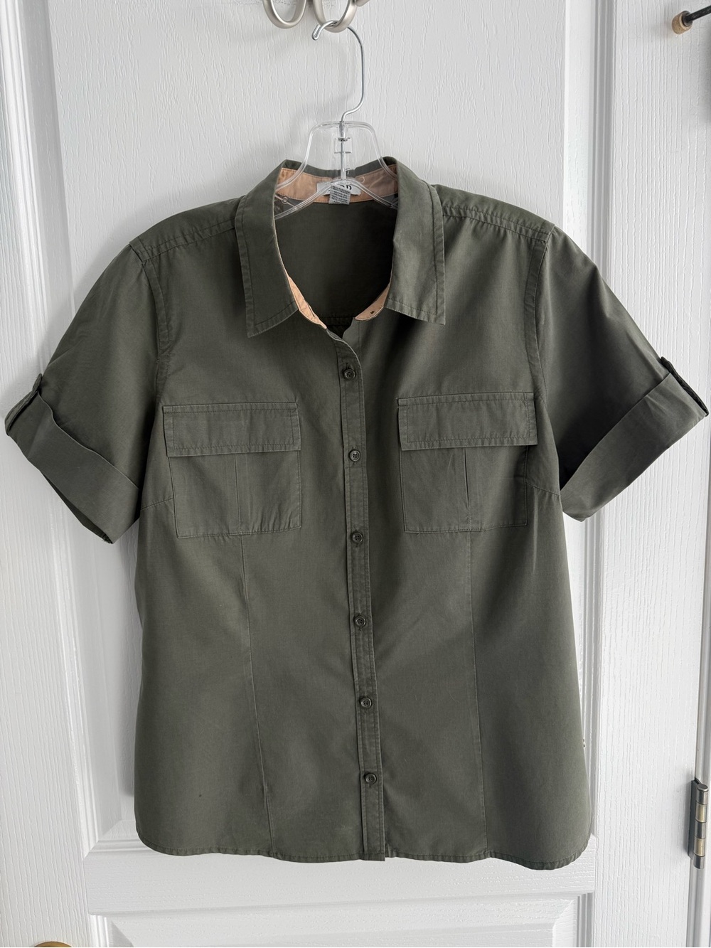 Izod Safari Blouse Shirt Top Collar Button Down Short Sleeve Olive Green Size M